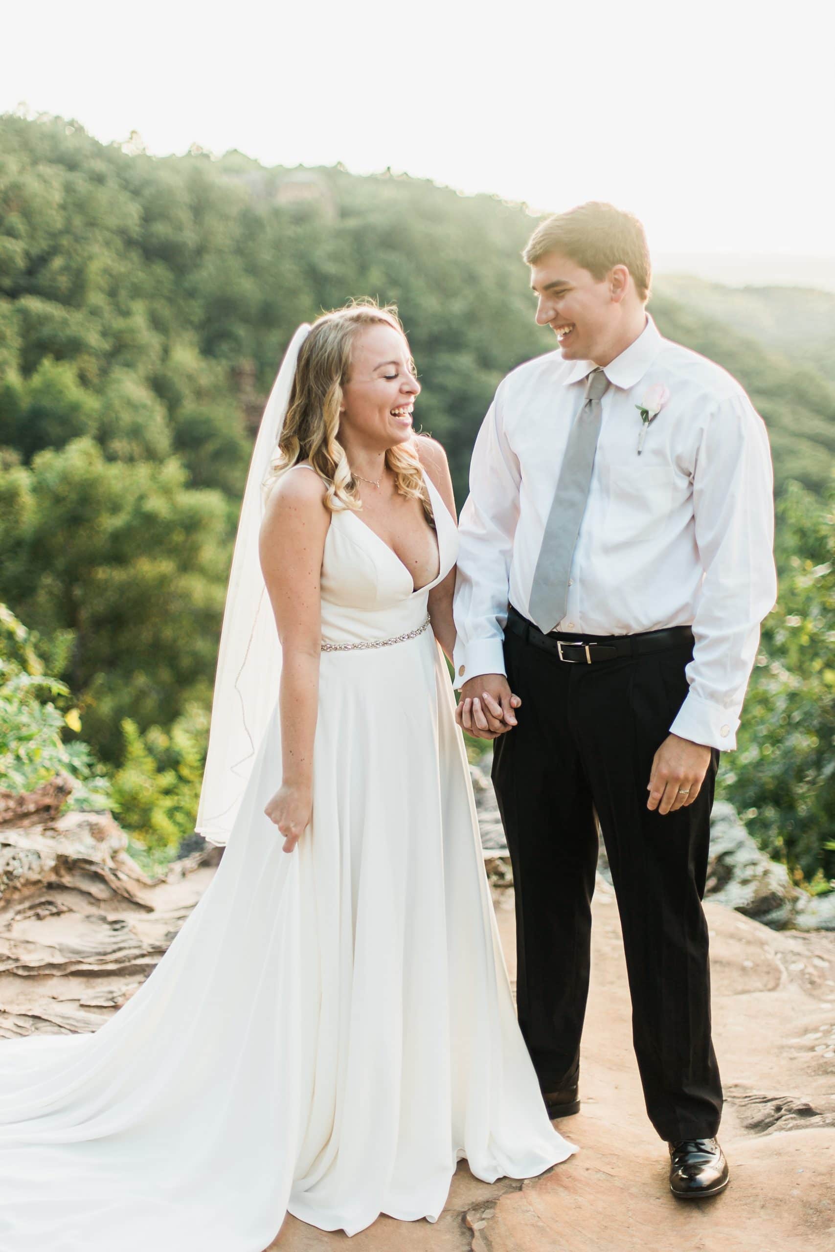 bride and groom standing at Petit Jean State Park