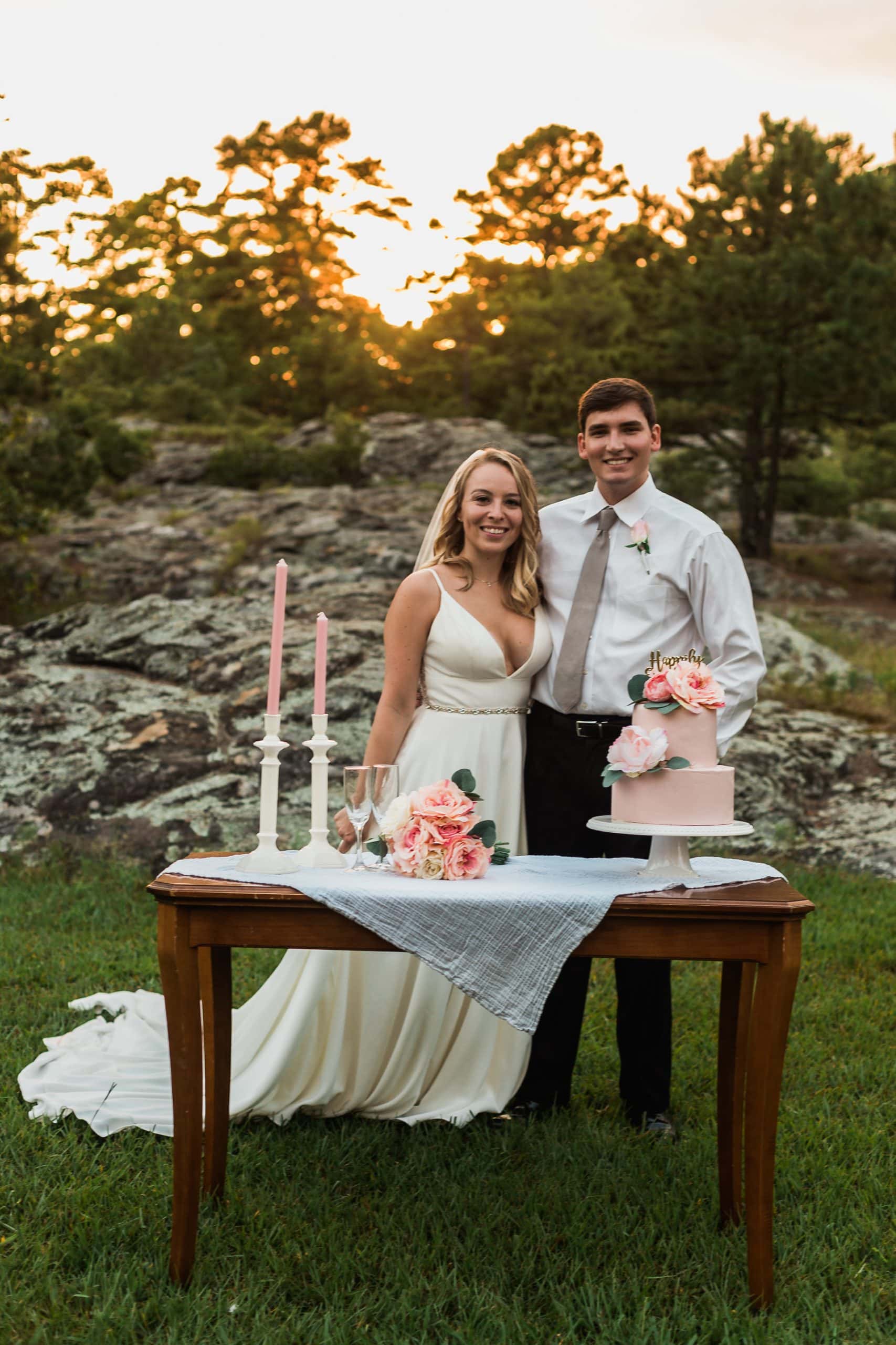 bride and groom enjoying intimate table setting for elopement