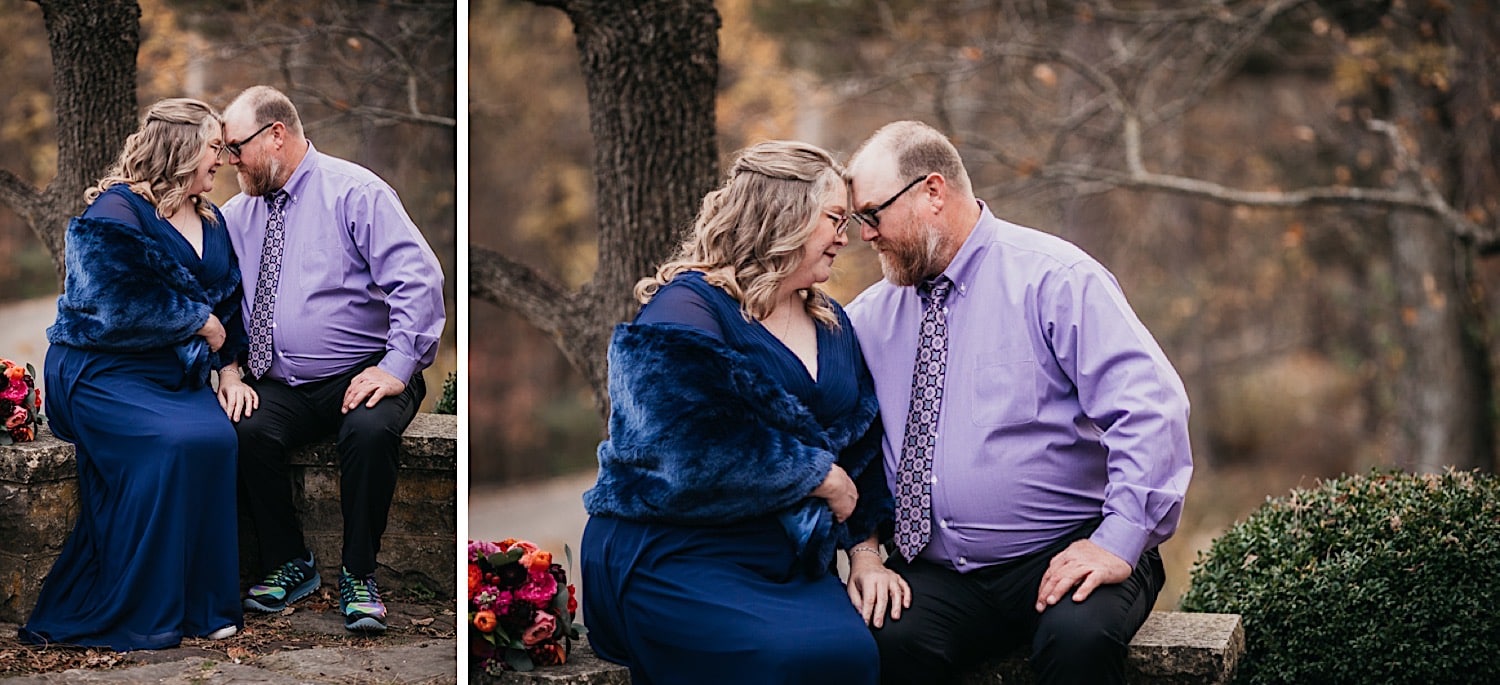 Couple sitting outside on a bench at the Crescent Hotel Wedding in Eureka Springs