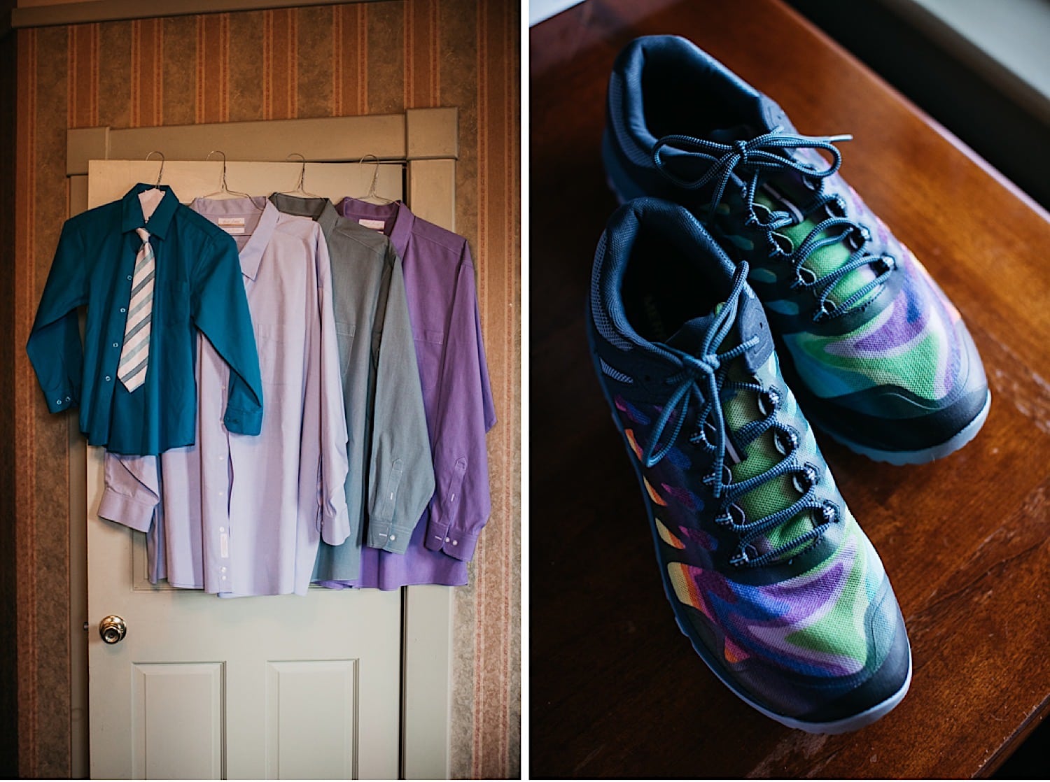 Groom and groomsmen dress shirts with Colorful tennis shoes for wedding