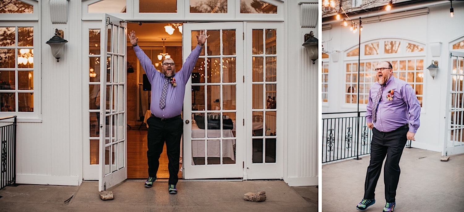 Groom bursting out of doors at Crescent Hotel