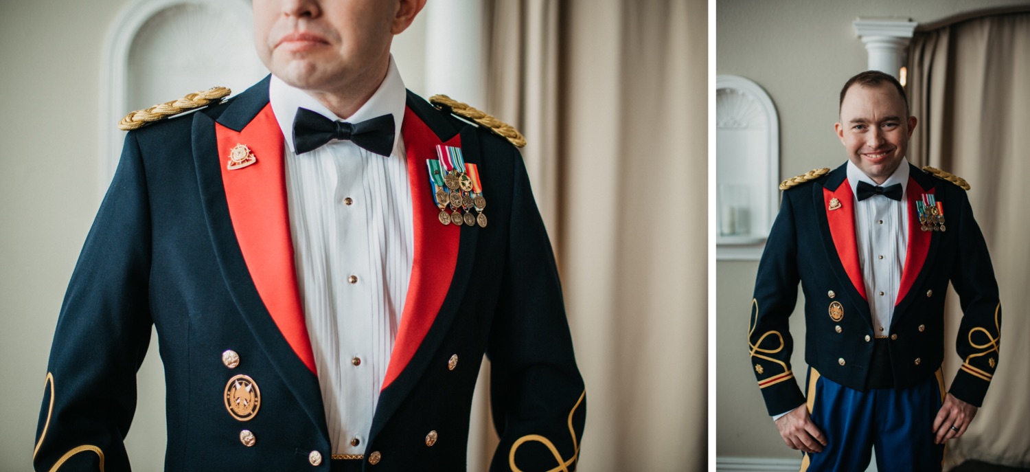 military-groom-wearing-groom-grabbing-offier-blue-mess-jacket-and-medals