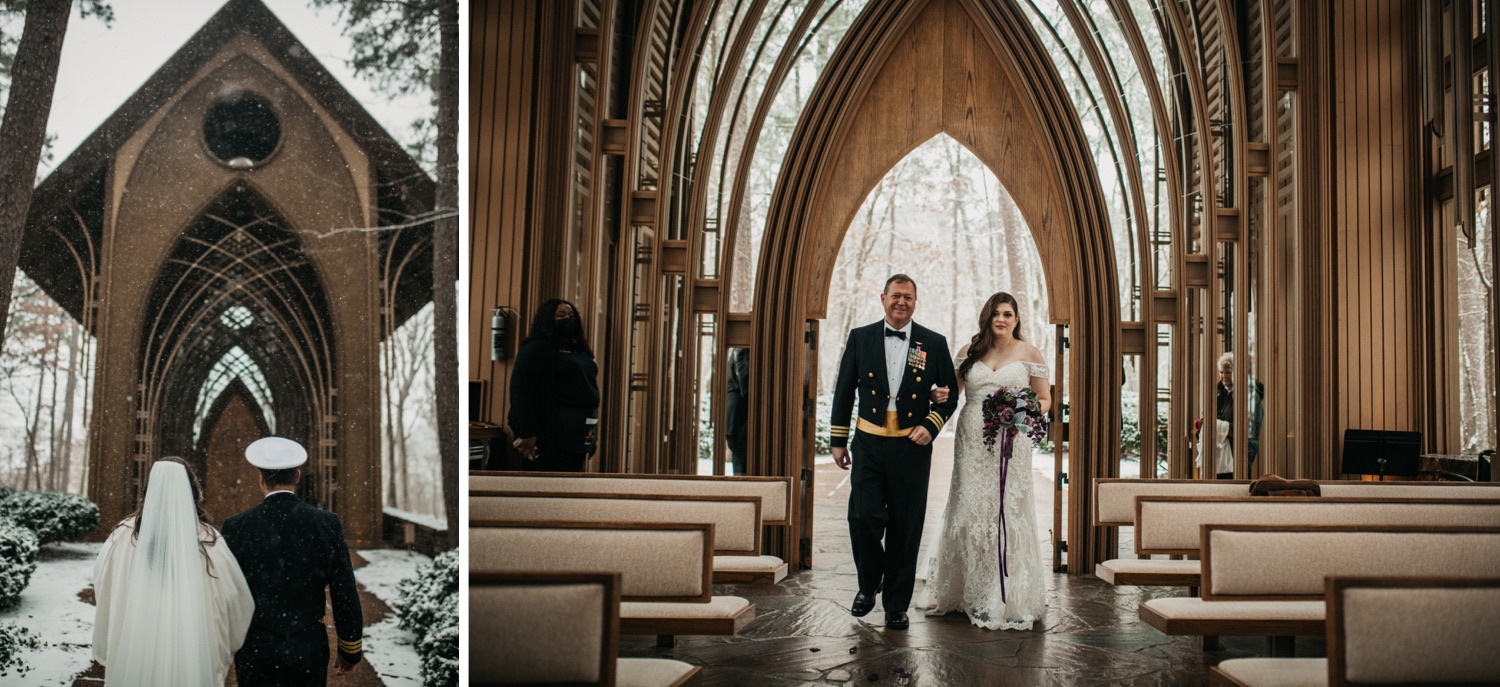 bride-walking-down-the-aisle-at-mildred-b-cooper-chapel